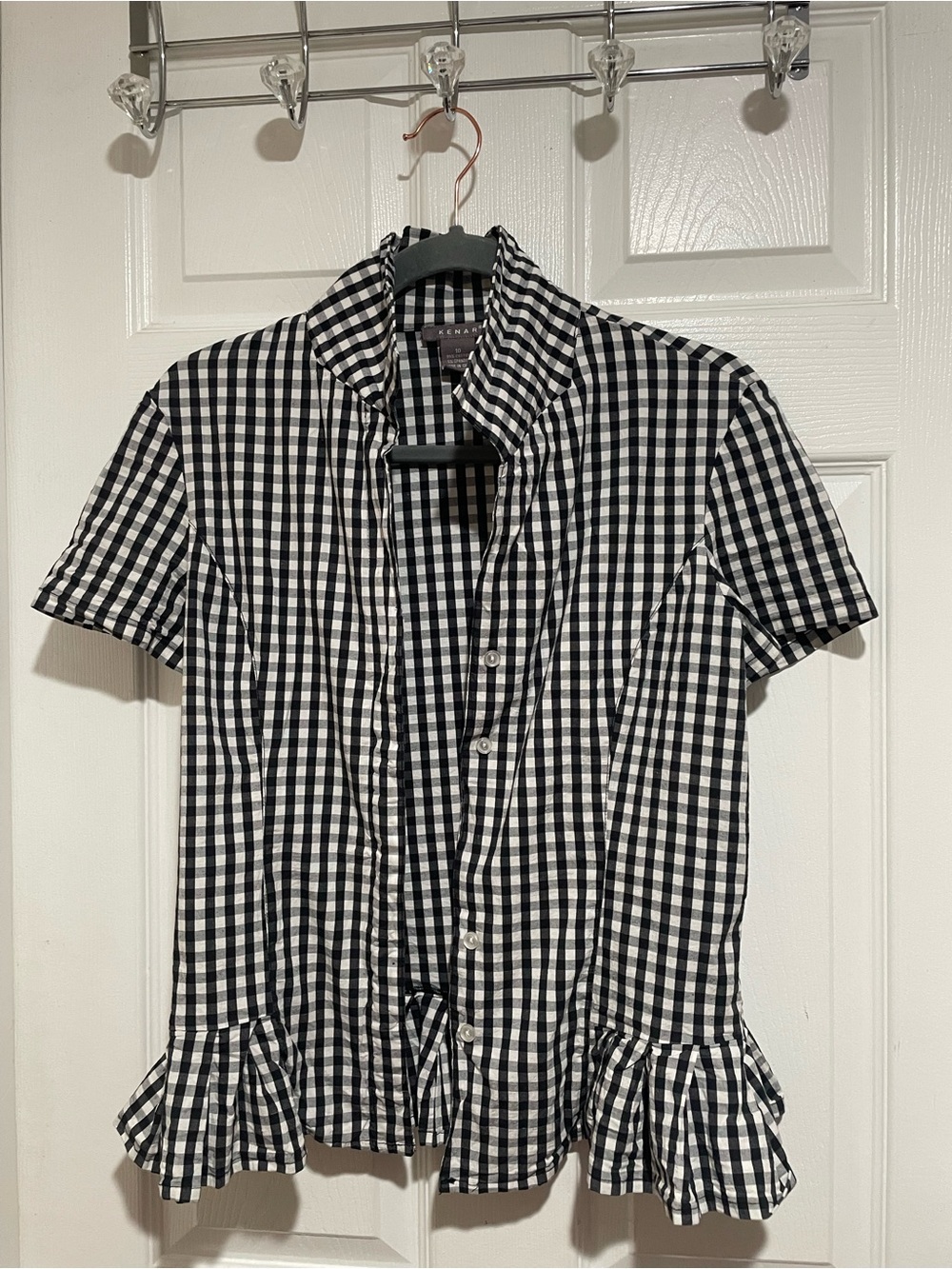 Kenar Black and White Gingham Short Sleeve Ruffle-Hem Shirt